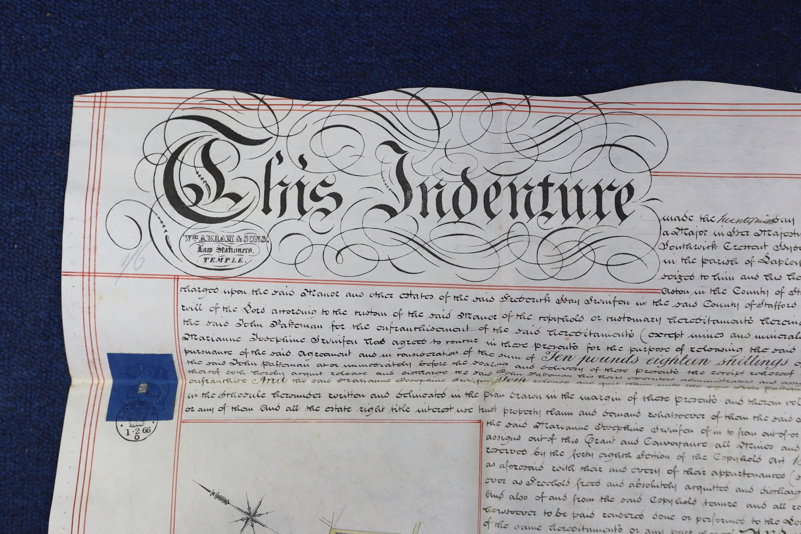 Three 19th legal documents on vellum:-The last will and testament of Thomas Osbourne, 4 leaves, dated 12th November, 1838, 65 x 72cms; Copy of a surrender of a lease, for land in the Manor of Lapley and Aston [Staffordsh